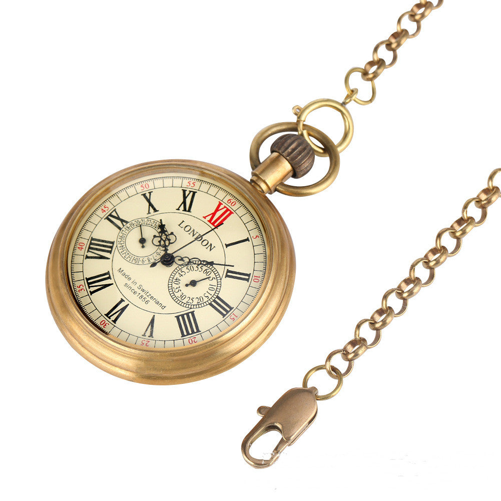 Brass Uncovered Roman Characters Five-Pin Manual Manipulator Large Pocket Watch