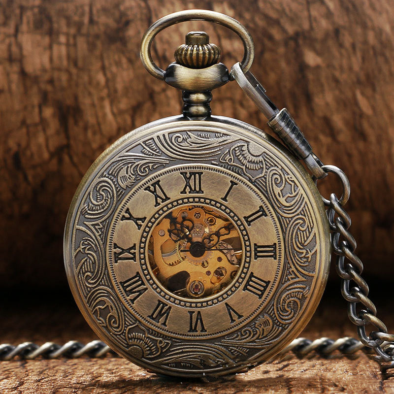 Retro Double Display Roman Literal Mechanical Pocket Watch