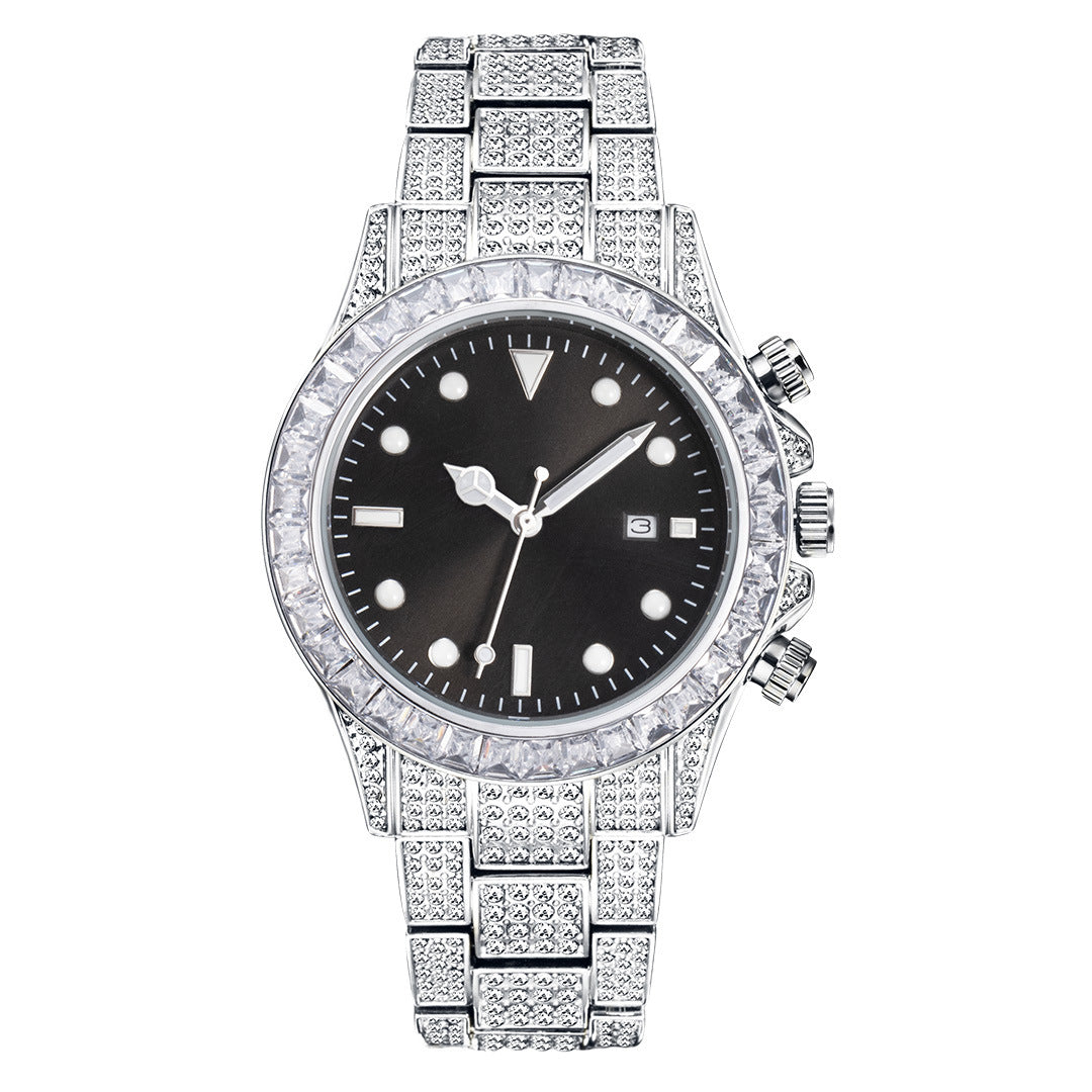 High-Grade Diamond-Encrusted Di Tone Full Diamond-Green Disk Sun Pattern Luminous Quartz Watch