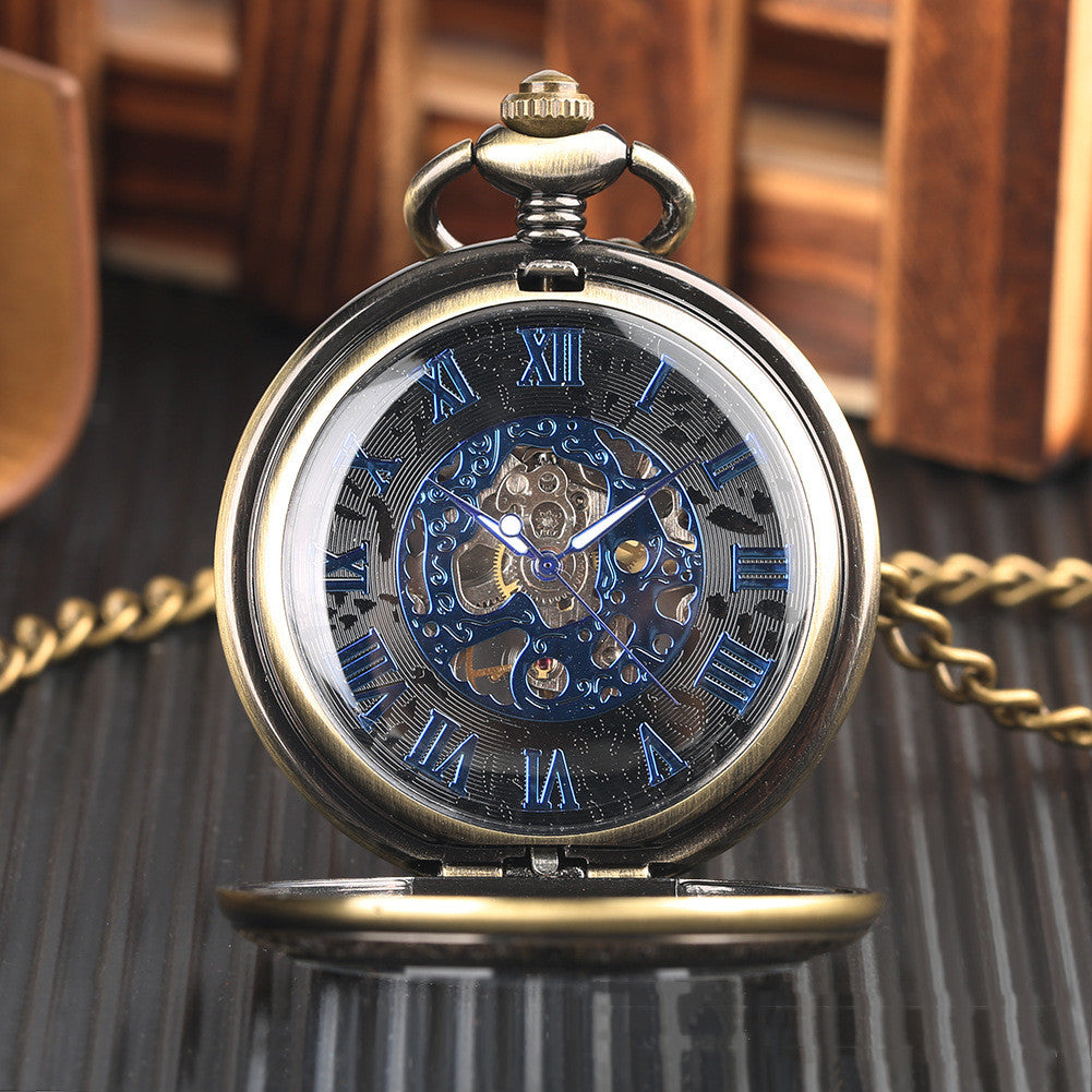 Classic Vintage Flip Magnifier Hollow Blue Shading Roman Digital Manual Mechanical Pocket Watch