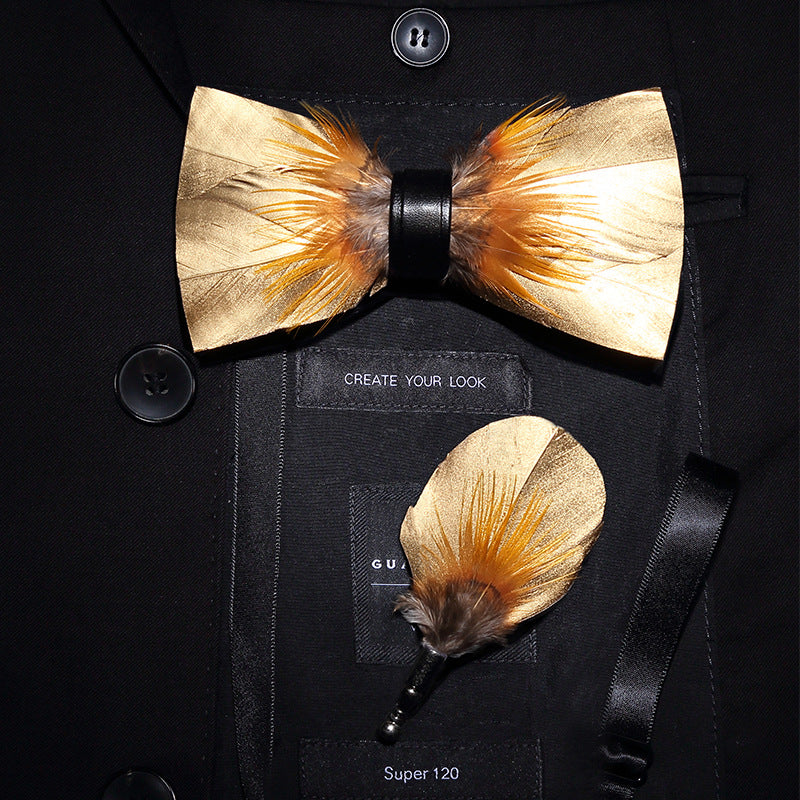 Fashion Feather Bow Tie Groomsman Brooch Collar Flower Pin