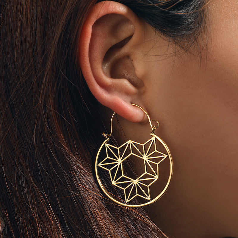 Retro Flower Triangle Geometric Round Hexagonal Earrings