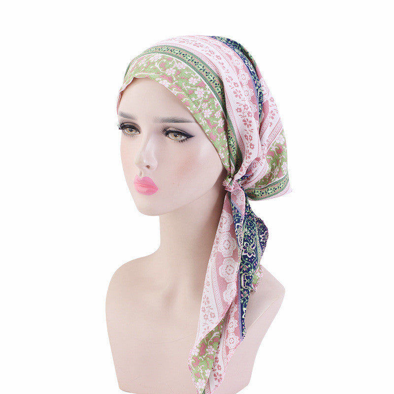 Pleated Cotton Scarf Long Tail Hat