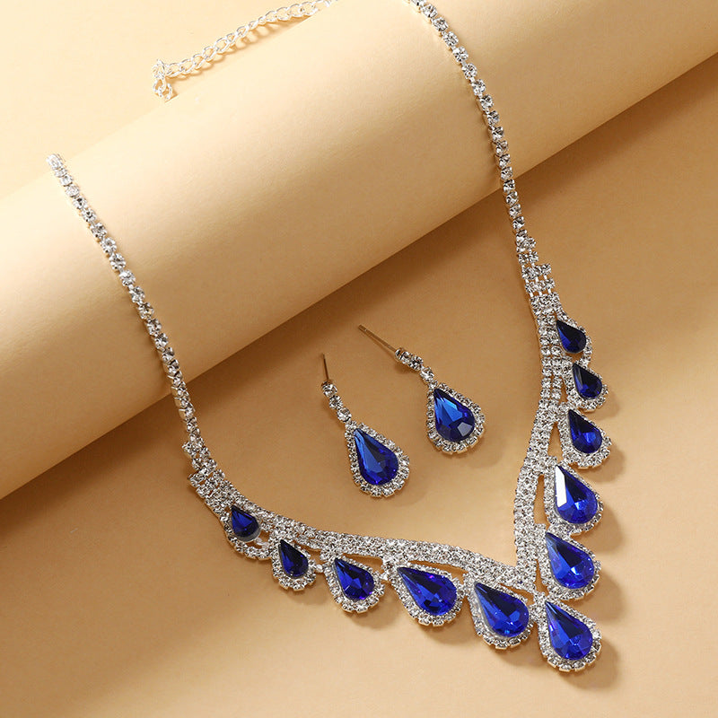 Sapphire Blue Crystal Clavicle Chain Two-Piece Earrings Set