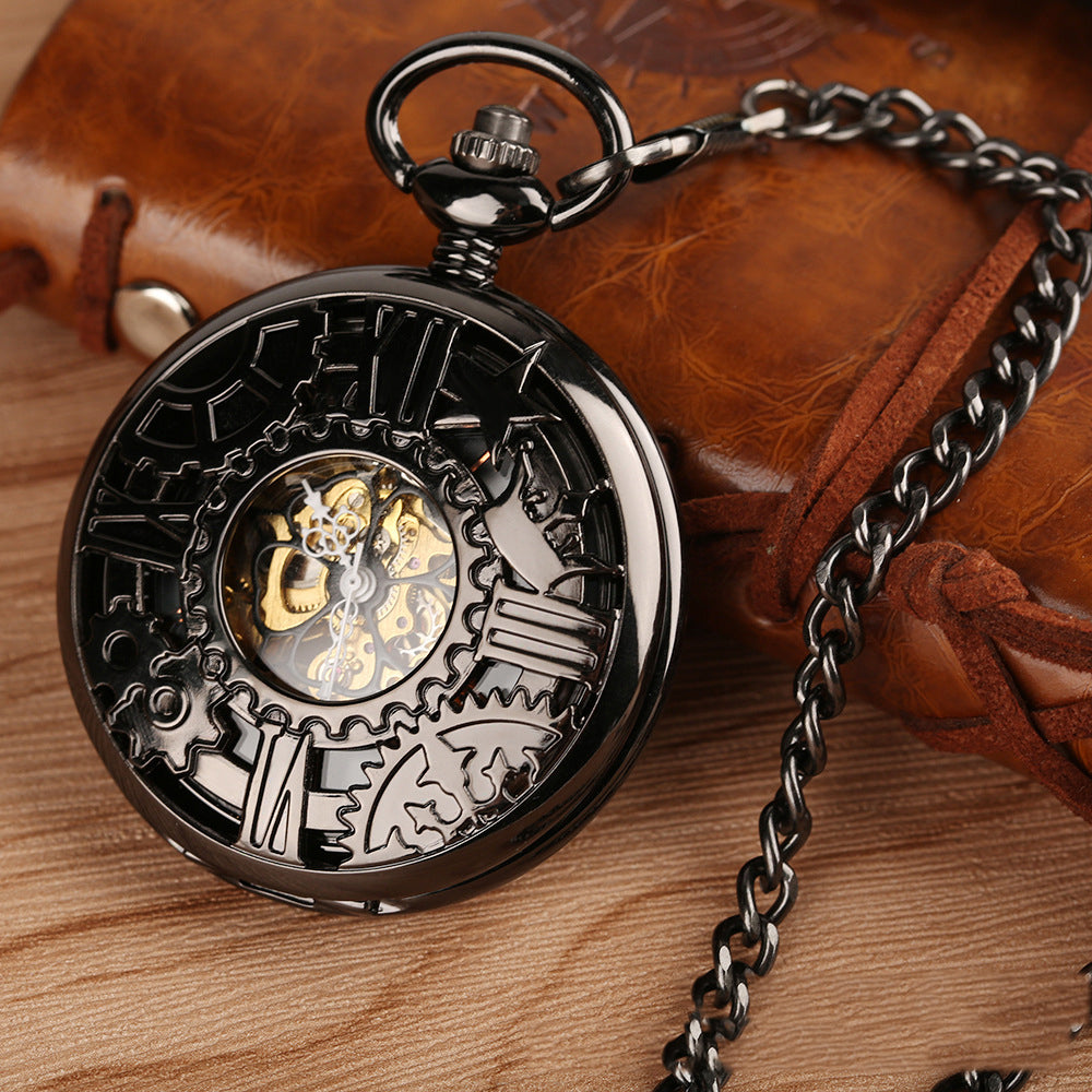 Hot Retro Flip Hollow Necklace Pocket Watch Red Copper Hollow Gear Roman Face