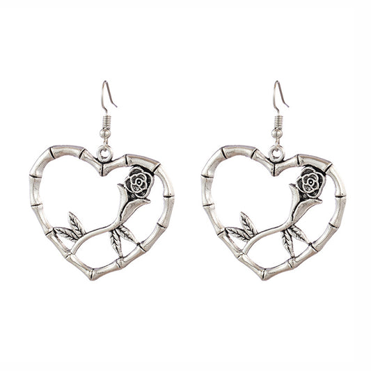 Vintage Antique Silver Dried Rose Flower Branch Heart Pendant Earrings For Women