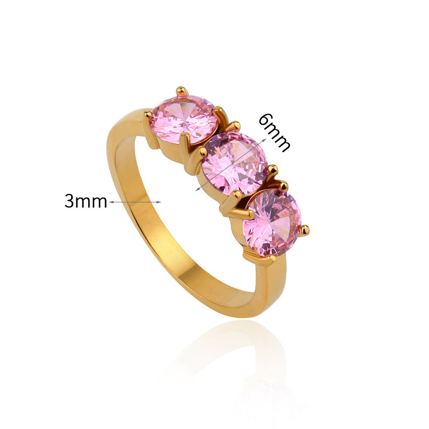 High-Grade Four-Claw Inlaid Three-Arrangement Round Zircon Titanium Steel Plated Ring