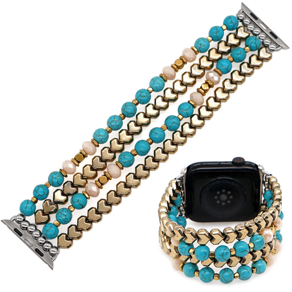 White Pine Turquoise Amethyst Gold Bead Watch Strap