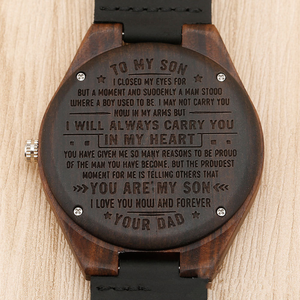 Brown Dial Wood Case Back Lettering Watch