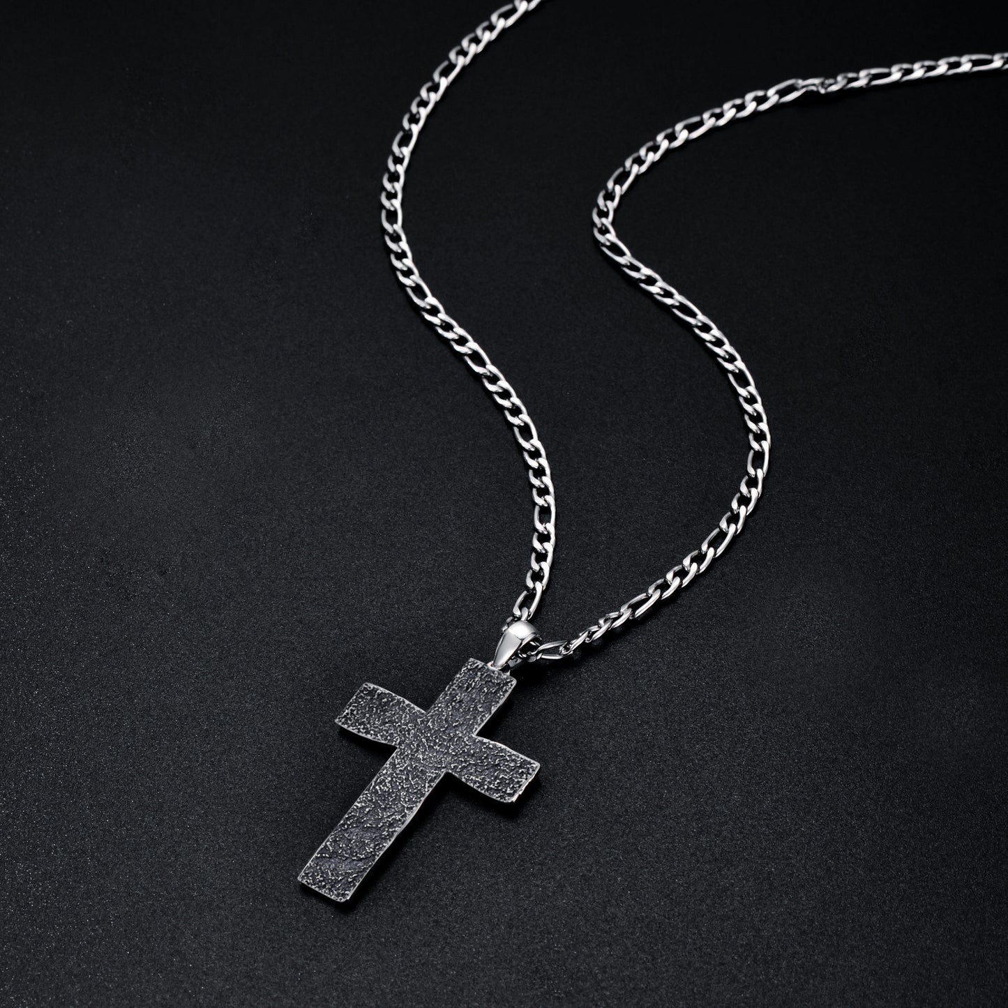 925 Sterling Silver Cross Pendant With Stainless Steel Figaro Chain Oxidized Cross Necklace Christian Jewelry