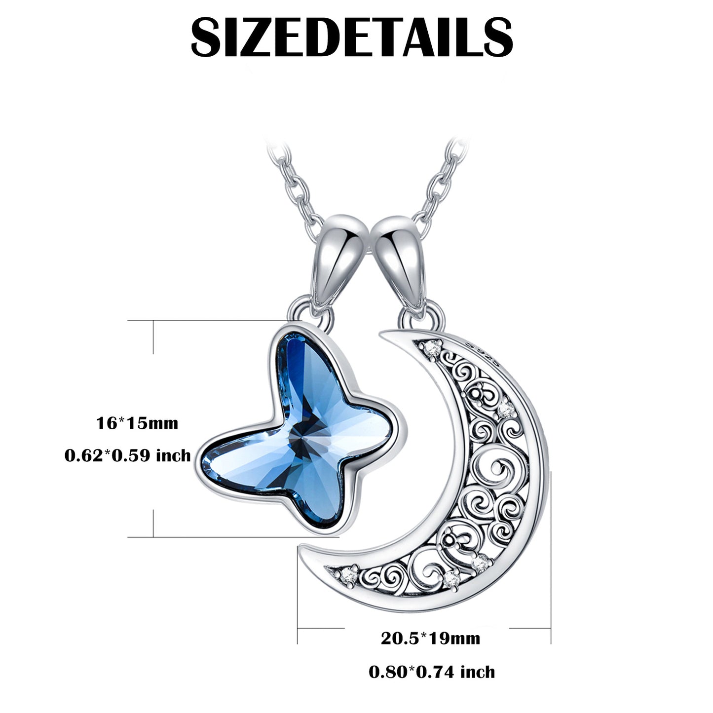 Sterling Silver Urn Crescent Moon Cremation Memorial Pendant With Blue Butterfly Necklace