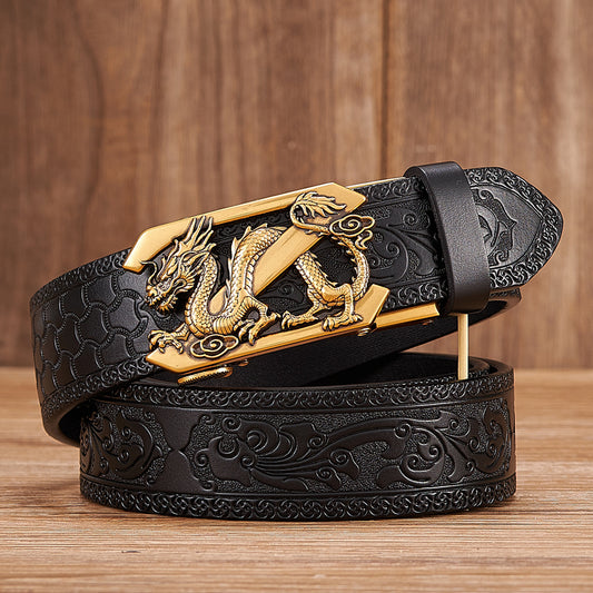 Men's Dragon Automatic Buckle Two-Layer Cow Leather Embossed Belt