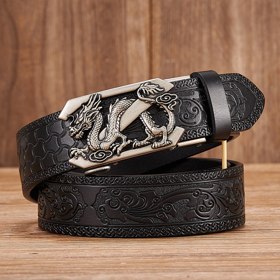 Men's Dragon Automatic Buckle Two-Layer Cow Leather Embossed Belt