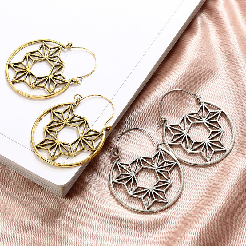 Retro Flower Triangle Geometric Round Hexagonal Earrings