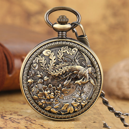 Fashion Hollowed-Out Carved Phoenix Pattern Automatic Mechanical Large Pocket Watch