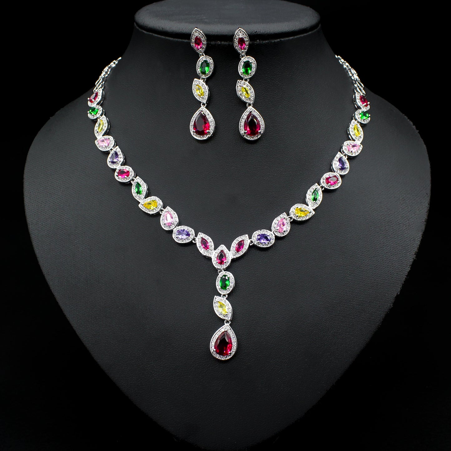 Colorful Zircon Necklace Earrings Clavicle Chain Female Noble Luxury Wedding Dress Three-Piece Set