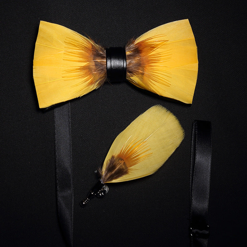 Fashion Feather Bow Tie Groomsman Brooch Collar Flower Pin