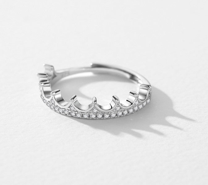 S925 Sterling Silver Micro-Inlaid Diamond Crown Simple Fashion Normcore Style Adjustable Ring