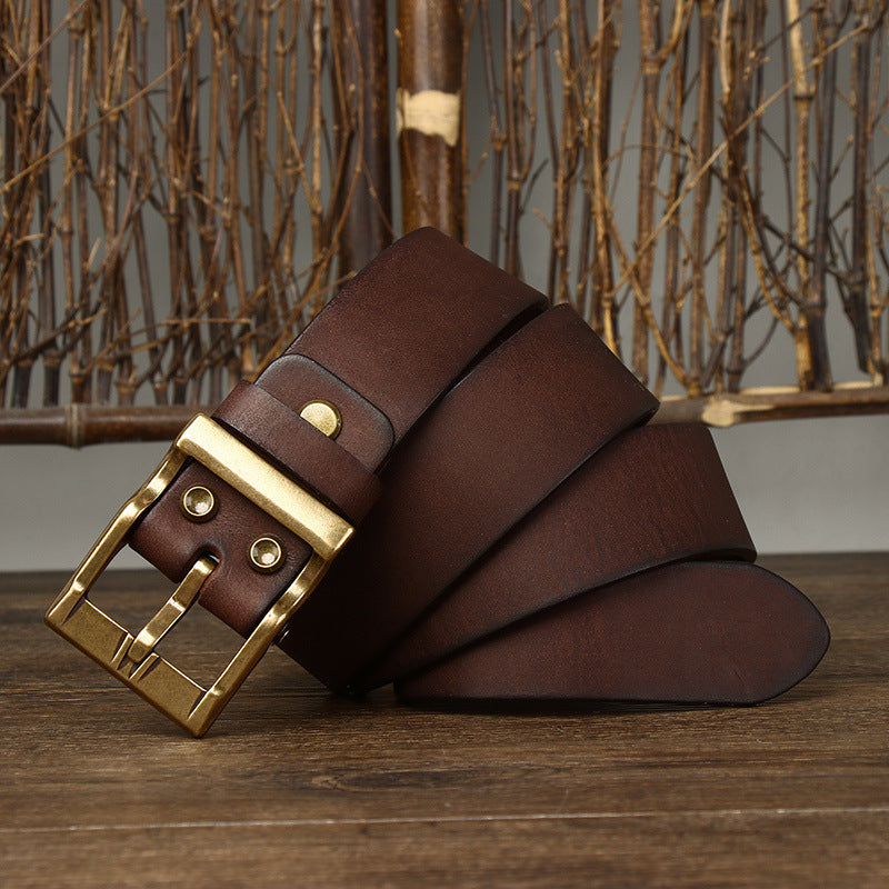 Retro Washed Matte Top-Grain Leather Brass Buckle Belt