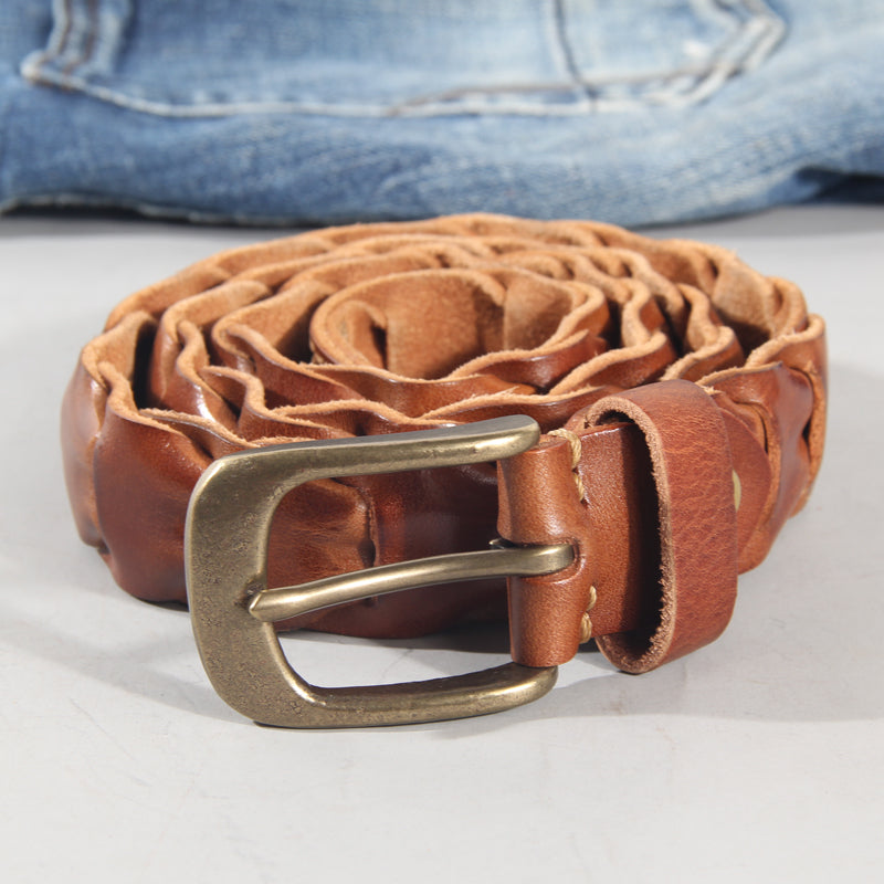 Denim Style Leather Belt With Copper Pin Buckle - Unisex, Glossy, And Durable