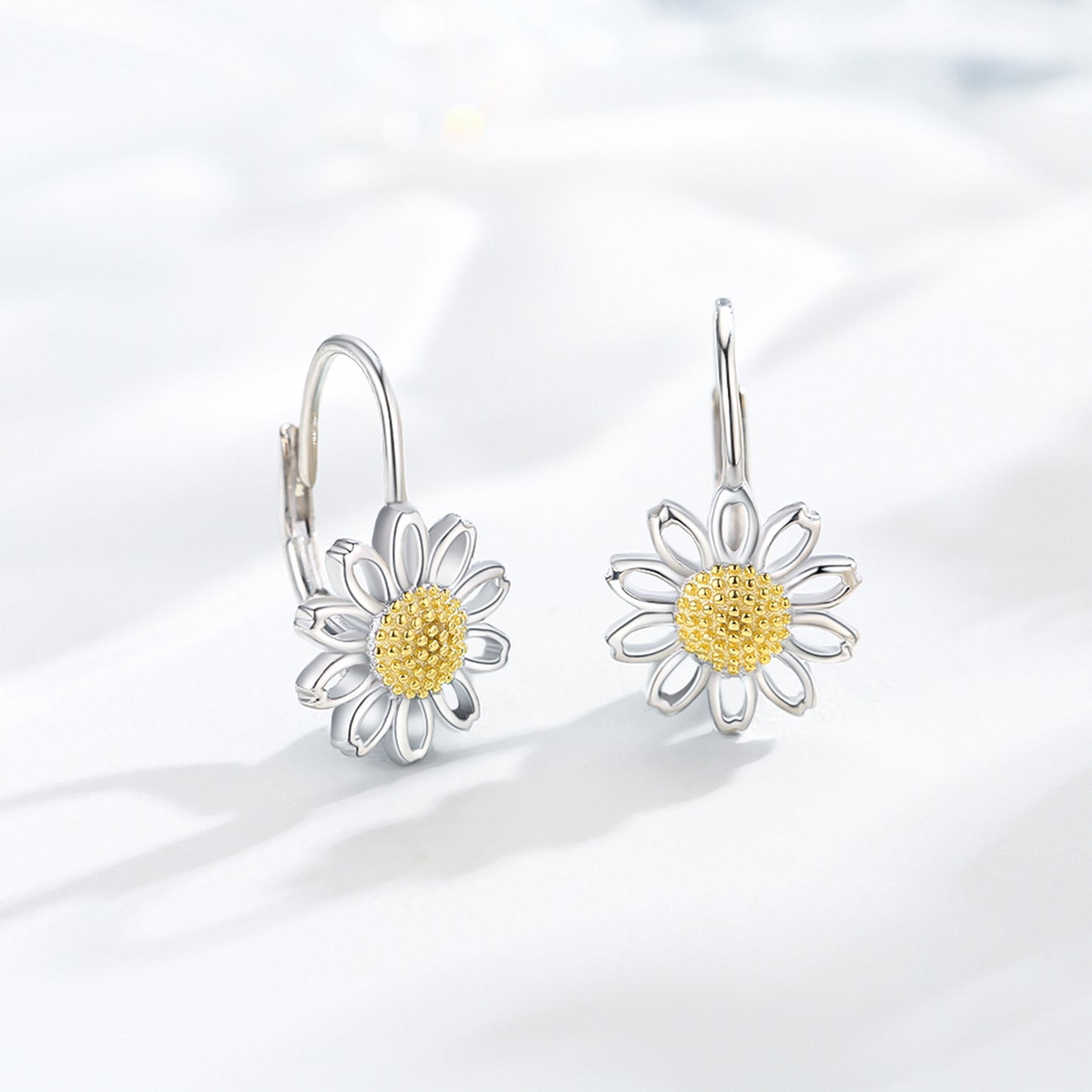 Daisy Leverback Hoop Earrings In White Gold Plated Sterling Silver