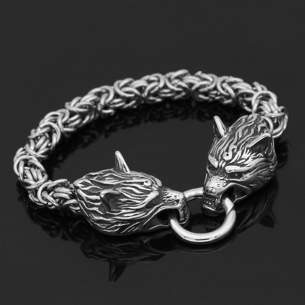 Stainless Steel Nordic Viking Wolf Head Emperor Chain Bracelet Men