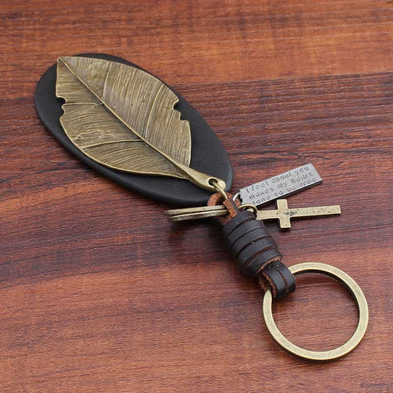 Pure Handmade Cowhide Leaf Keychain Retro Creative