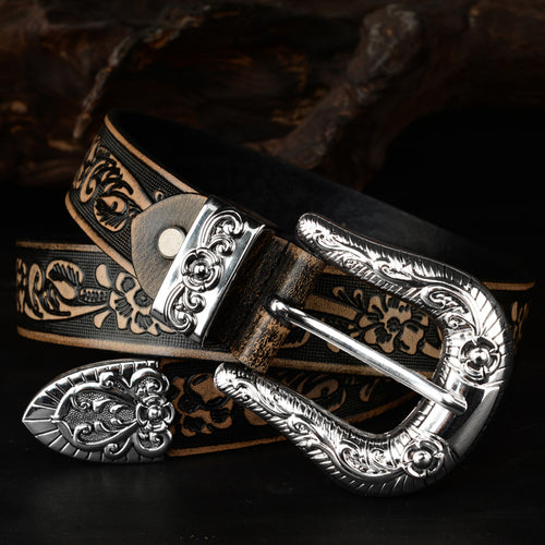 Carved Pin Buckle Leather Embossed Belt - Unisex, Durable, And Elegant