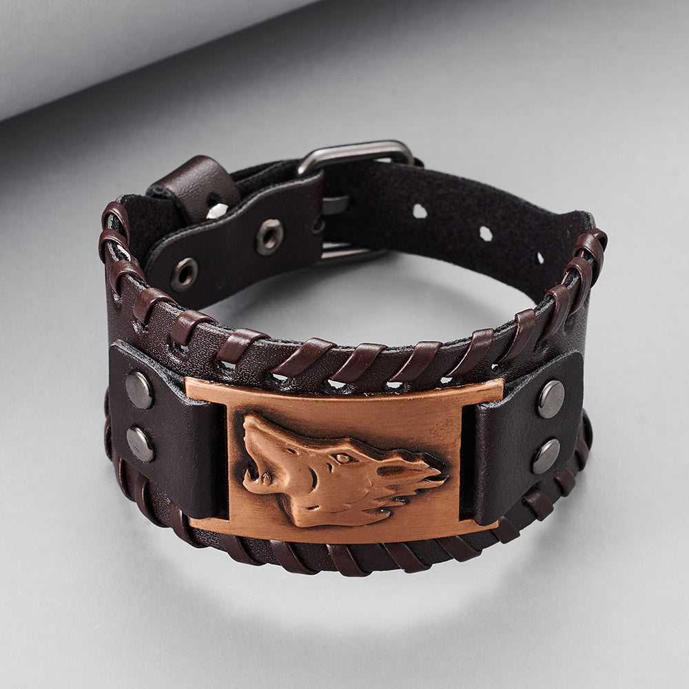 Toten Design Nordic Viking Odin Bracelet Genuine Leather Wolf Head Bracelet For Men Animal Bracelet