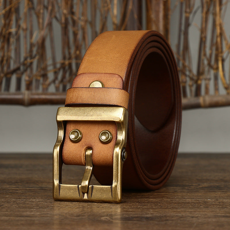 Retro Washed Matte Top-Grain Leather Brass Buckle Belt