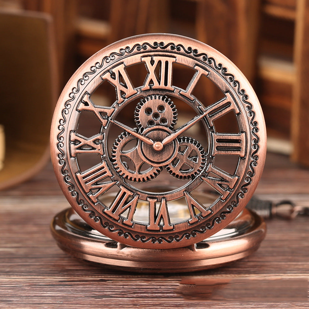 Hot Retro Flip Hollow Necklace Pocket Watch Red Copper Hollow Gear Roman Face