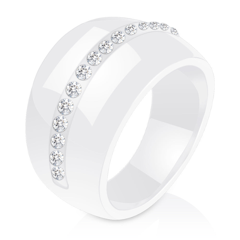 Single Row Diamond-Embedded Elegant Ceramic Ring