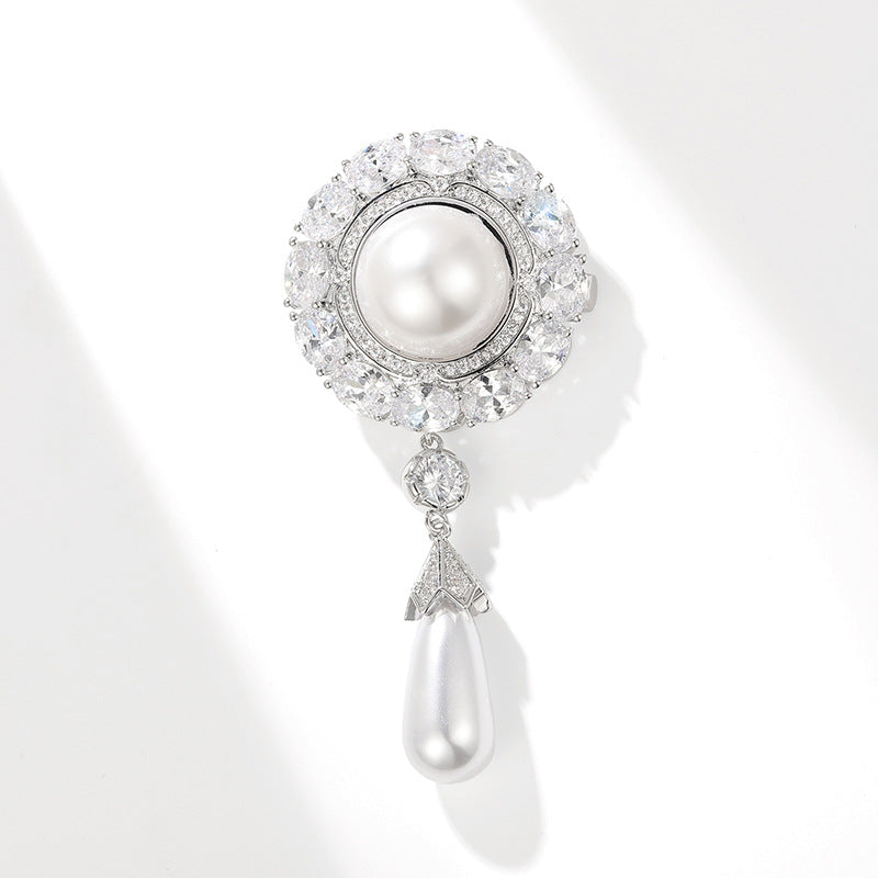 High-End Palace Style Zircon Brooch Round Water Drop Shell Pearls Temperament Clothing Accessories Pin