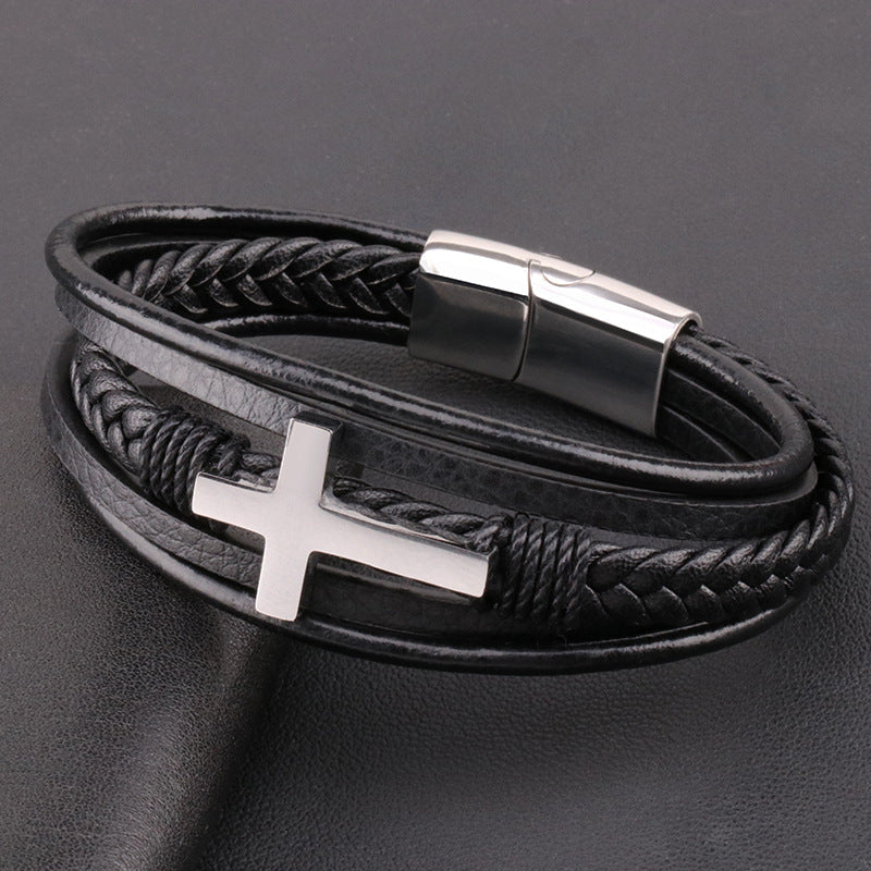 Men's Leather Bracelet Retro Multilayer Braided Titanium Steel Love Bracelet