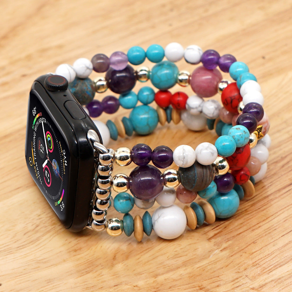 White Pine Turquoise Amethyst Gold Bead Watch Strap