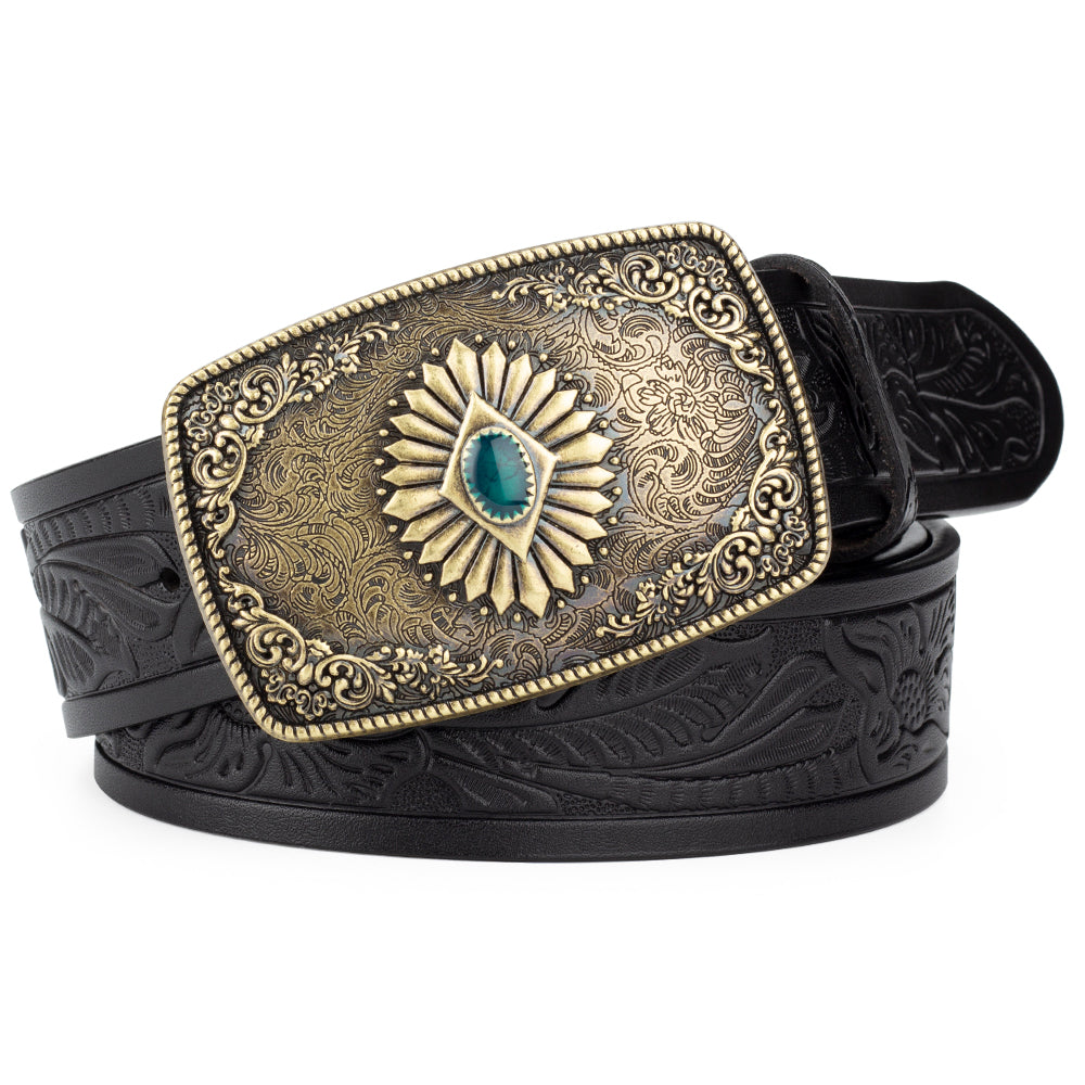 Bronze Pattern Buttoned Tang Grass Embossed Leather Belt