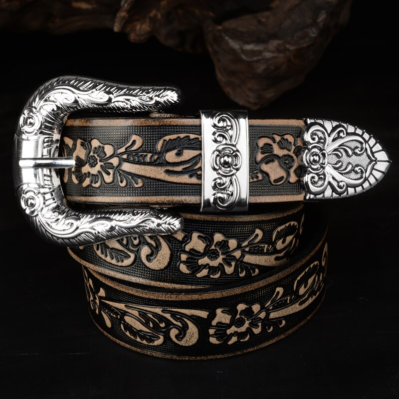 Carved Pin Buckle Leather Embossed Belt - Unisex, Durable, And Elegant