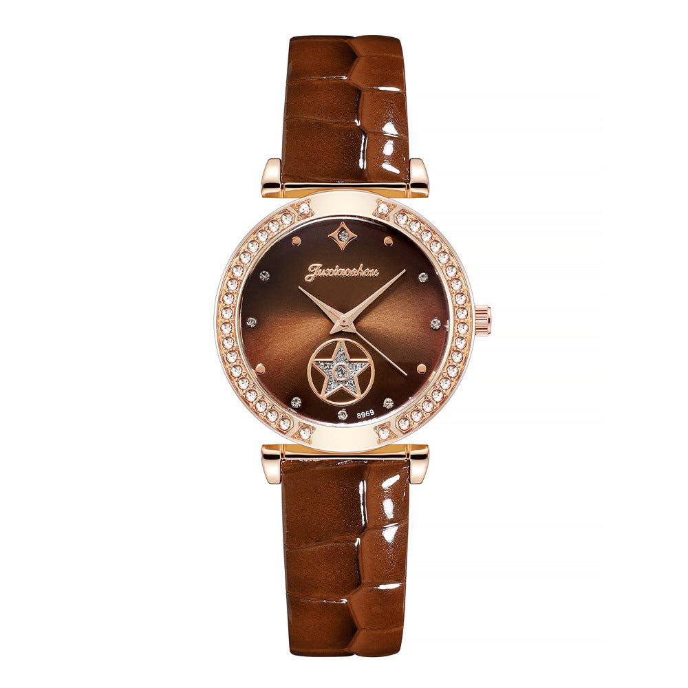 Simple Glossy Rhinestone Ladies Leather Strap Quartz Watch