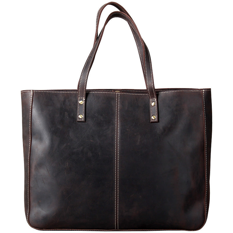 Simple Retro First Layer Cowhide Large-Capacity Handbag Men