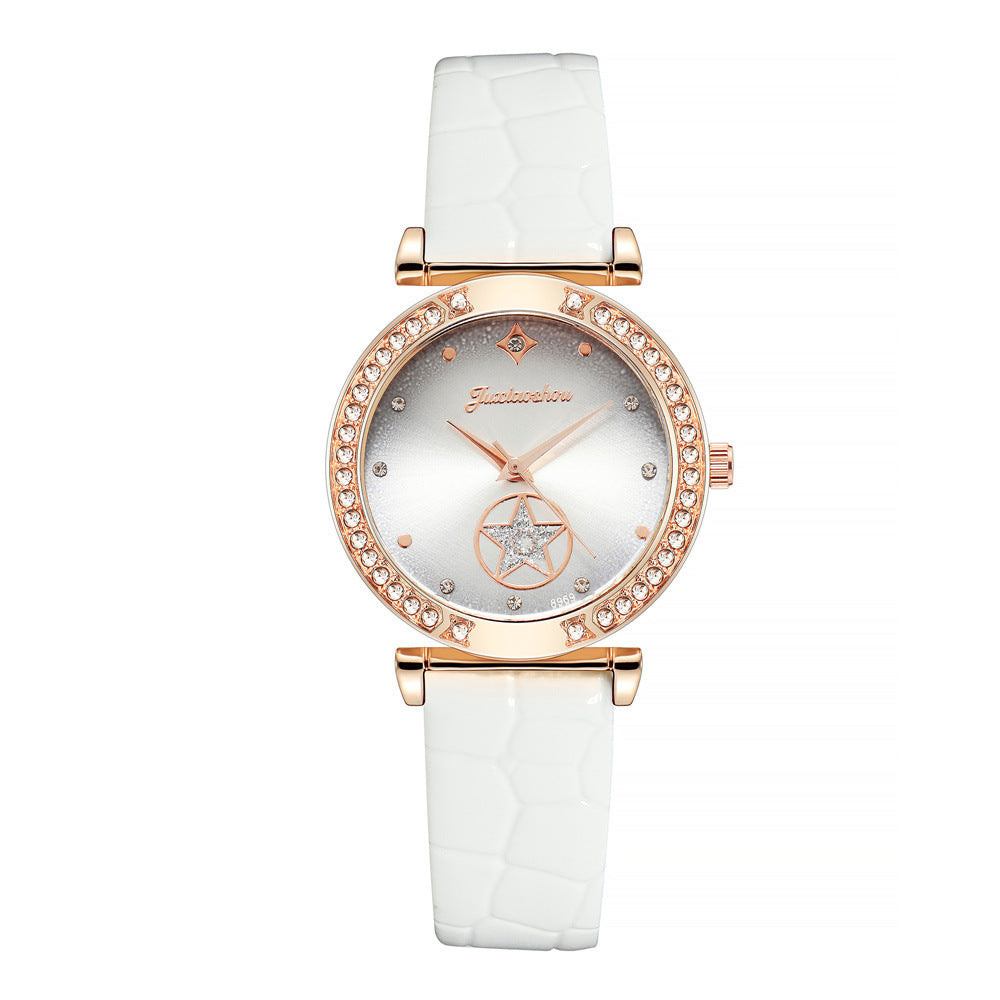 Simple Glossy Rhinestone Ladies Leather Strap Quartz Watch