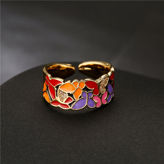 Fashionable Personality Dripping Copper Micro-Inlaid Zircon Butterfly Ring Female