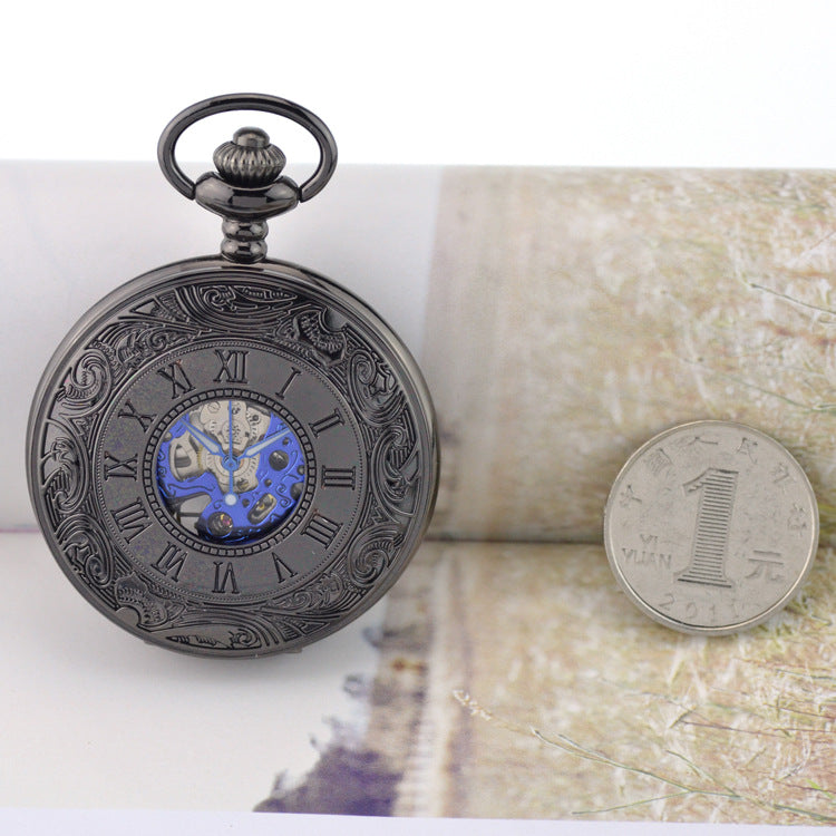 Retro Flip Hot Roman Blue Surface Mechanical Pocket Watch