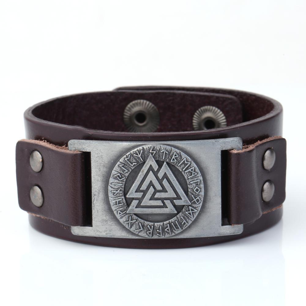 Nordic Vintage Viking Totem Leather Bracelet Odin Luenwen Men's Bracelet