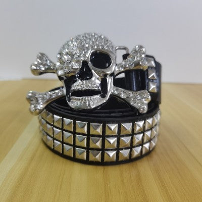 Rhinestone Skull Decoration Belt - Unisex, Edgy, And Studded