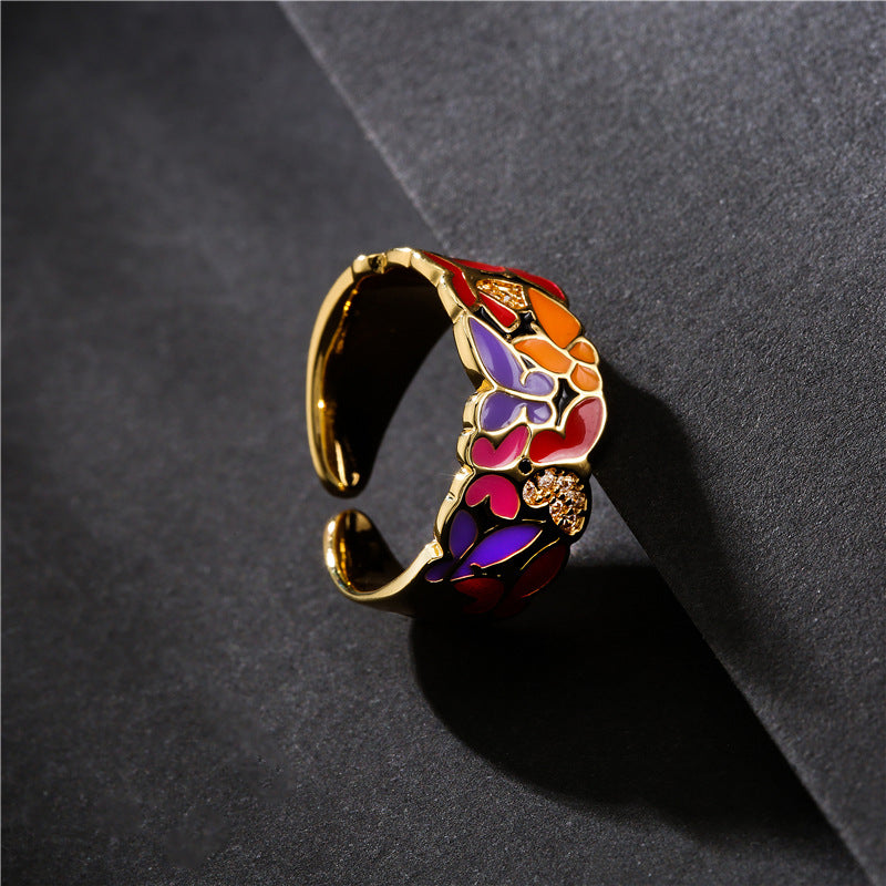 Fashionable Personality Dripping Copper Micro-Inlaid Zircon Butterfly Ring Female