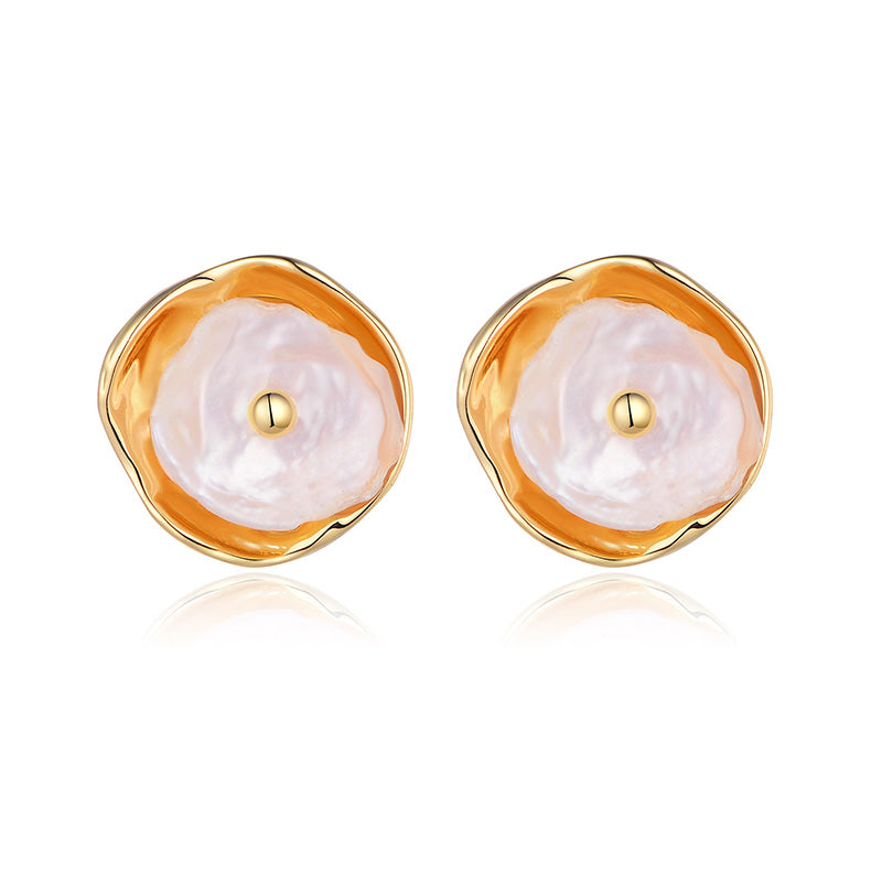 Fashion Trend Earrings Simple Personality Metal Texture Earrings Oval Pearl Earrings