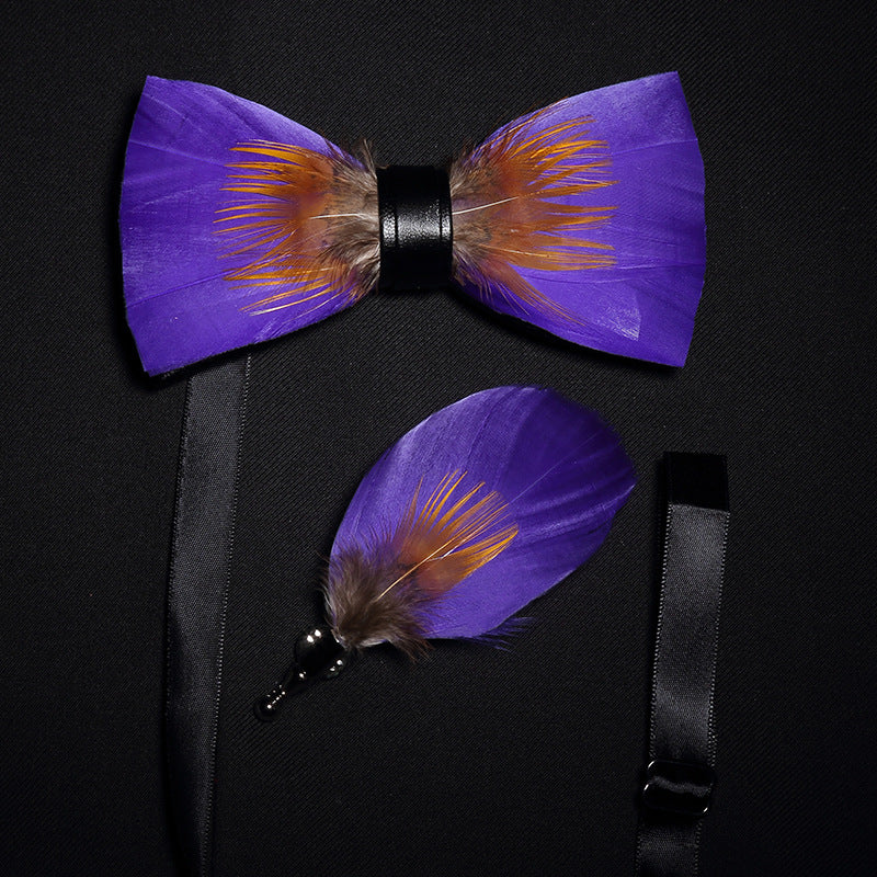 Fashion Feather Bow Tie Groomsman Brooch Collar Flower Pin