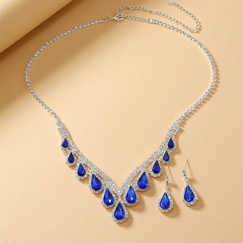 Sapphire Blue Crystal Clavicle Chain Two-Piece Earrings Set