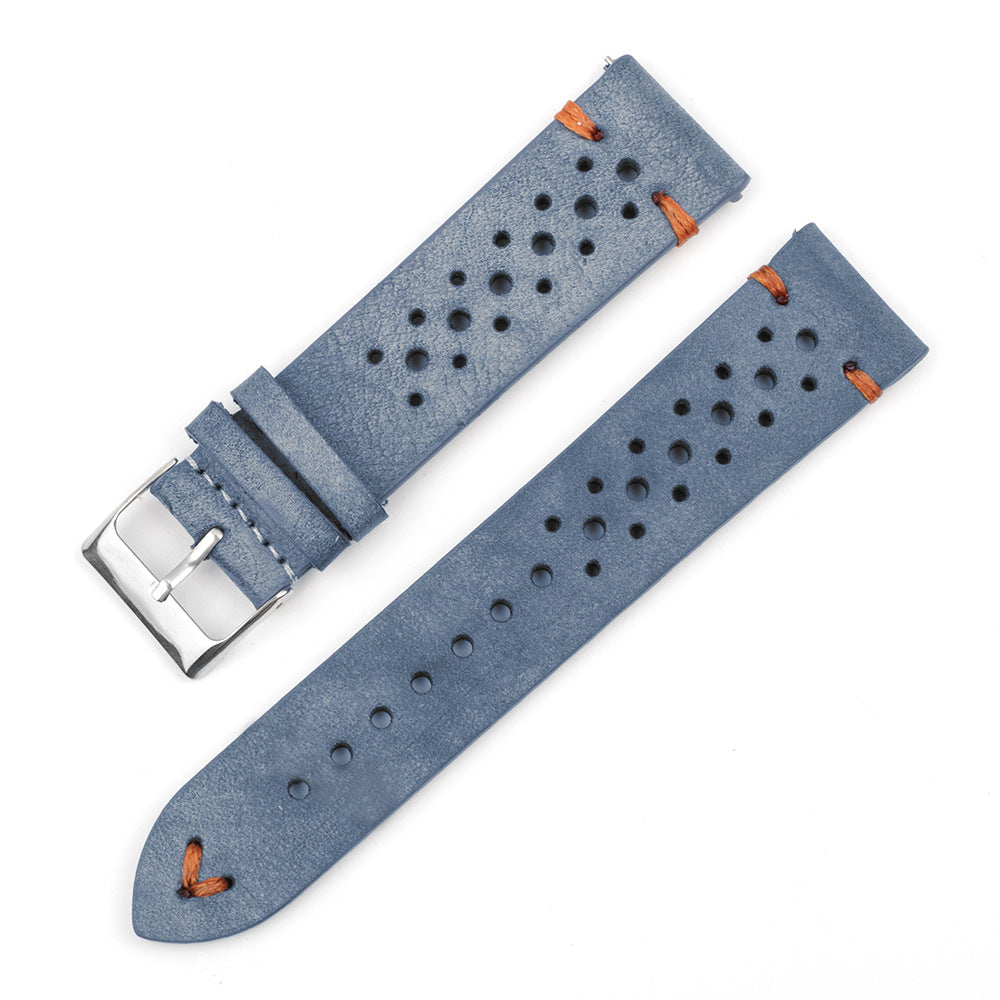 Gray-Blue Multi-Hole Stitching Leather Watch Band