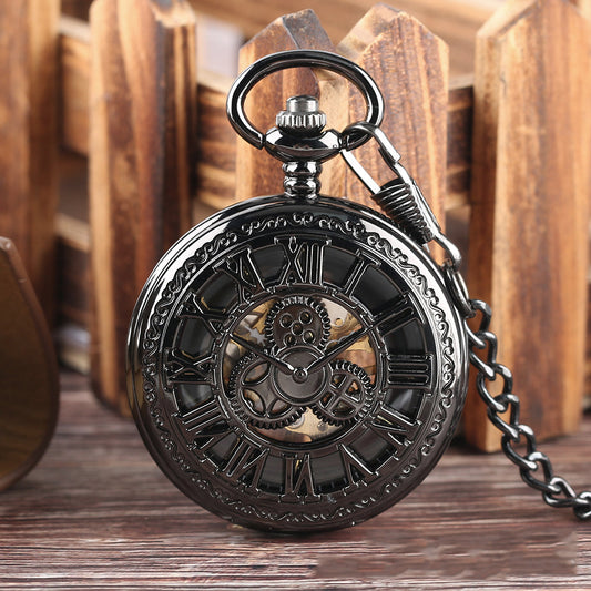 Hot Retro Flip Hollow Necklace Pocket Watch Red Copper Hollow Gear Roman Face